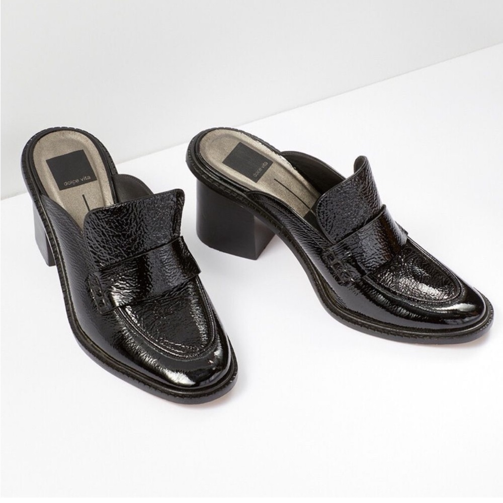 Dolce Vita Mali Black Patent Leather Heeled Mule Loafers size 9.5